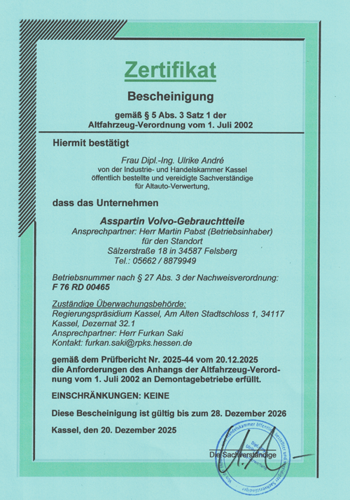 Zertifikat Demontagebetrieb